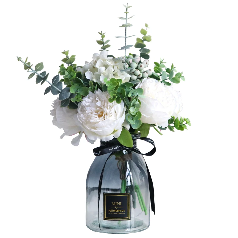 

Modern Glass Vase+ Artificial Flower Home Livingroom Fgurines Accessorie Crafts Decoration Office Fake Peony Flower Pot Ornament