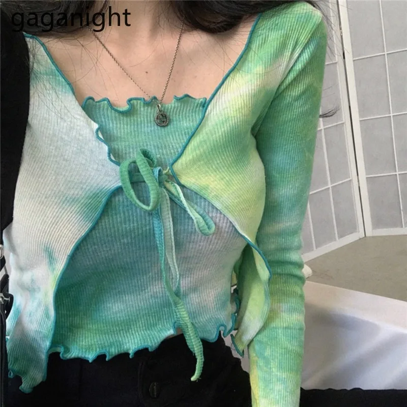 Gaganight Women Two Pieces Set Tie Dye Short Sexy Knitted Stretchy Lady Strapless Tube Tops Cardigan Spring Autumn Chic Korean | Женская
