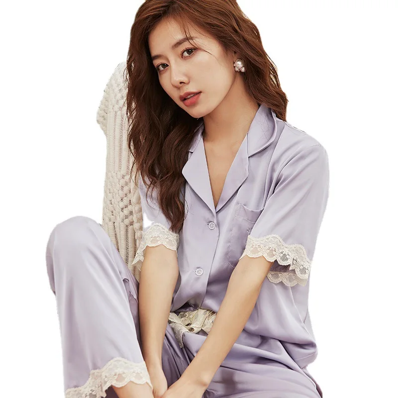 

Harajpee Women Pajama 2021 Summer Ladies French Sweet Temperament Alluring Style Lace Side Solid Color Ice Silk Home Wear Suits