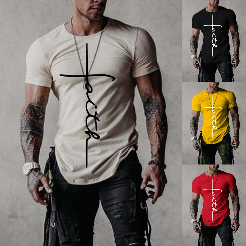 

Harajuku Shirts Men Clothing Gym Fitness Short Sleeve Tshirts 2022 Best Seller Sportwear Slim Faith T-shirt Tees Tops Fashion