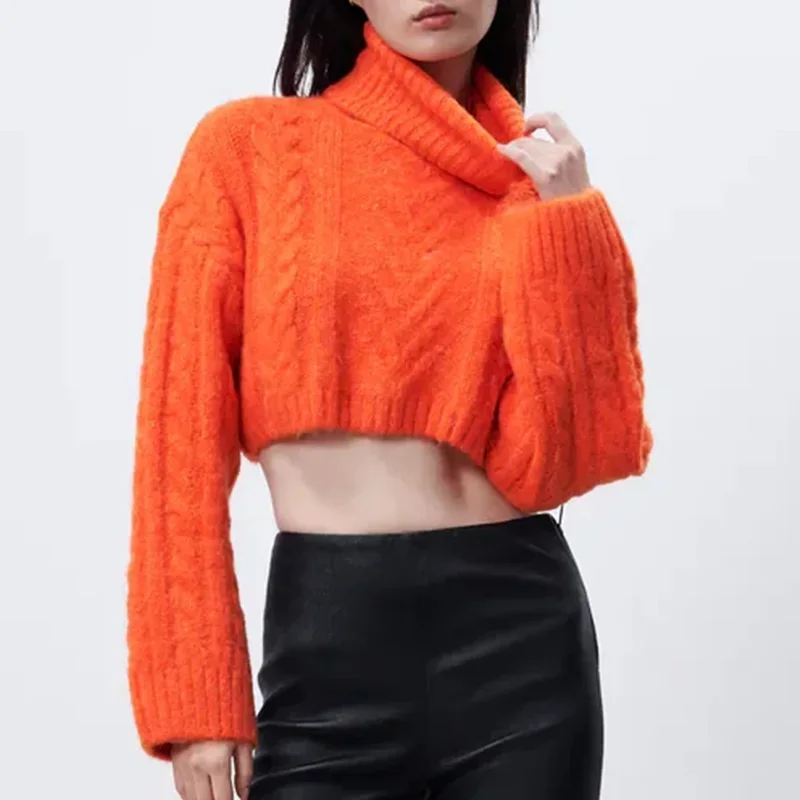 

Za Winter Women's Sweater Turtleneck Jumpers Cropped Knit Tops Solid Fashion Long Sleeve Pullover Sweater Woman Warm Knitwear