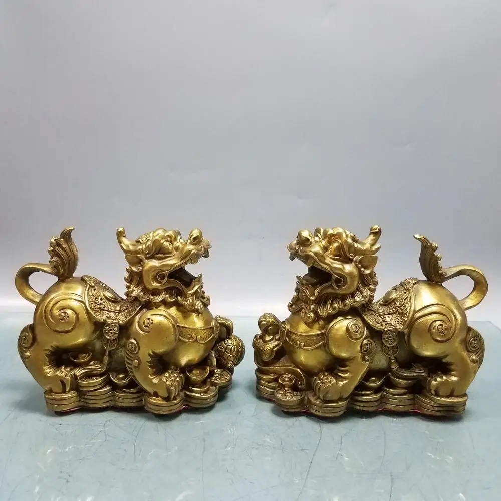 

Home Decor 6" Chinese Seikos Brass Lucky Pixiu Statue A pair Pixiu Stepping on Ingot Statue Poodle