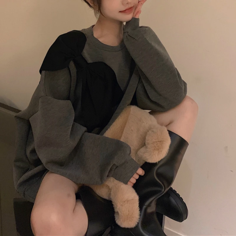 

Kimotimo Hoodies Sweatshirts Vintage Women Long Sleeve Pullovers Streetwear Bow Casual Oversize Fashion Women Sweatshirt