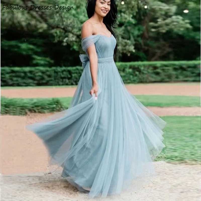 

Elegant Off The Shoulder Prom Dresses Backless Sweetheart A Line Vestido 2020 Bowknot Tulle Long Evening Dress Party For Women