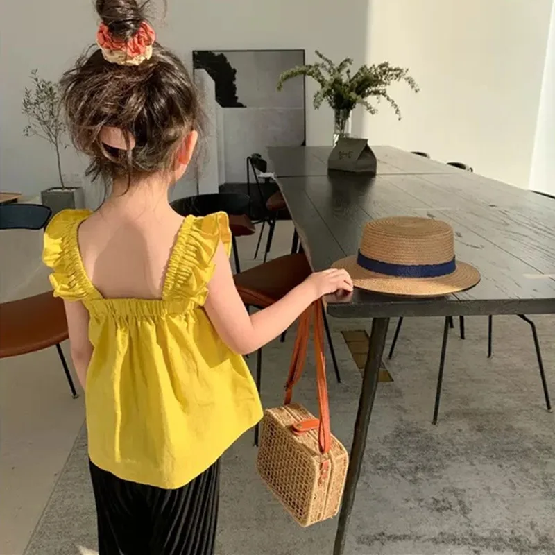 

DFXD Fashion Little Girls Solid Square Collar Vest Tops Kids Summer Clothing Baby Wood Ear Princess Sling Doll Shirts 2-7T New