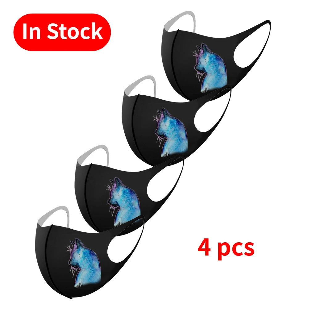 Маска Защитная Для Лица женская моющаяся черная 4 шт. принт с милой