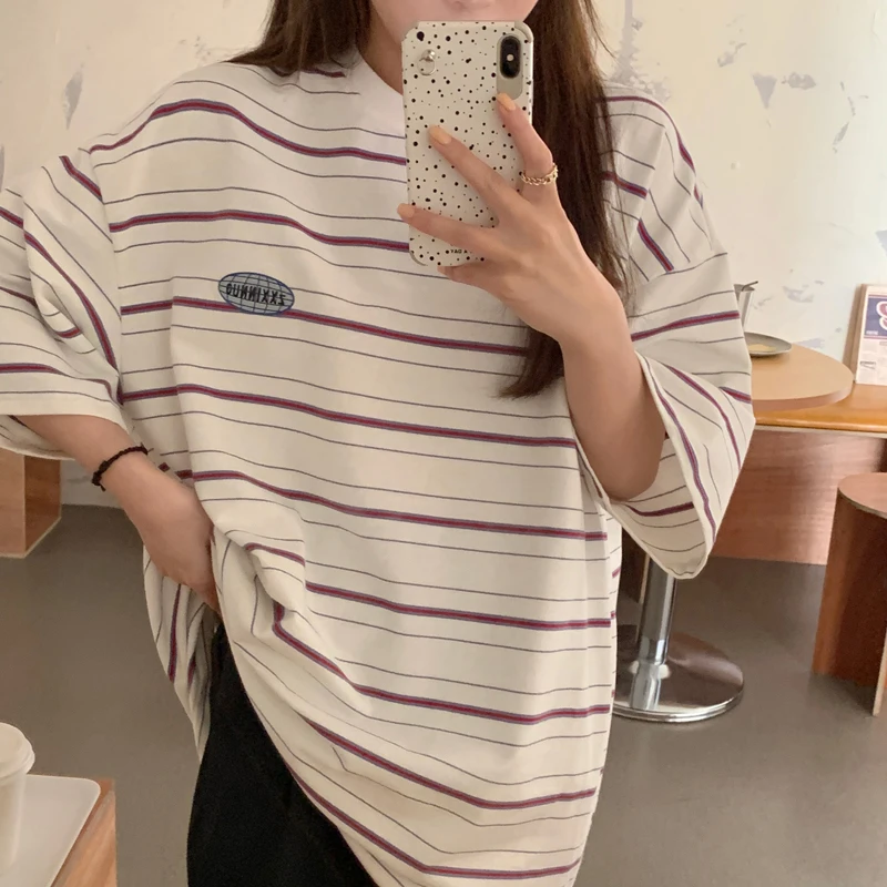 

Summer Temperament Cute Striped Short-Sleeved t-Shirt Female Koreanharajuku Vintage Vacation Women's Popular Aesthetic Clothes