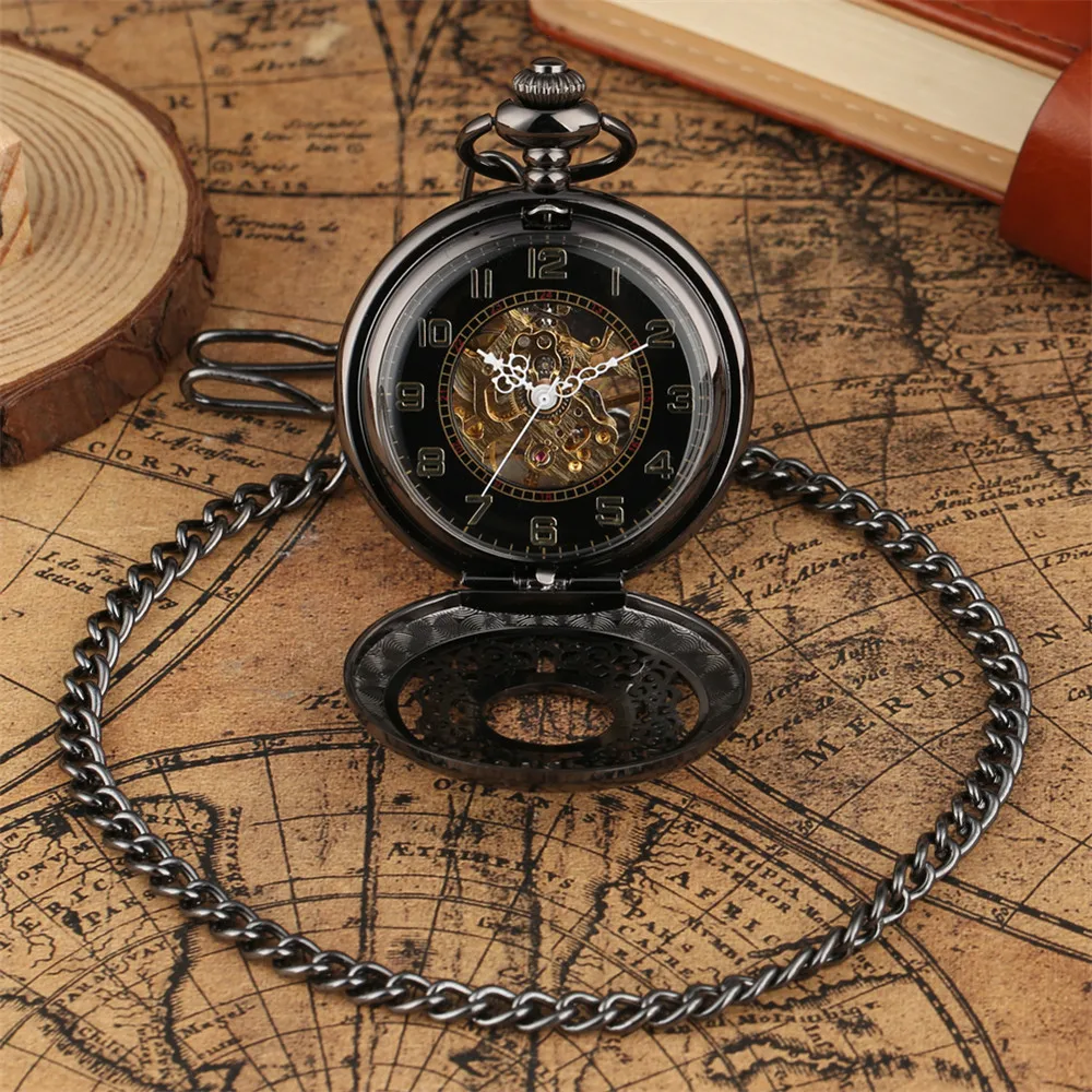 Silver/Black Elegant Hollow Pattern Mechanical Hand Winding Pocket Watch Arabic Numerals Display Skeleton Manual Mechanism Clock