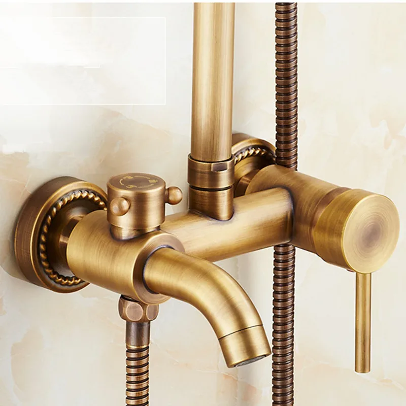 brass antique bathroom shower faucet set wall mount dual handle with handshower brass bathroom shower mixer tap free global shipping