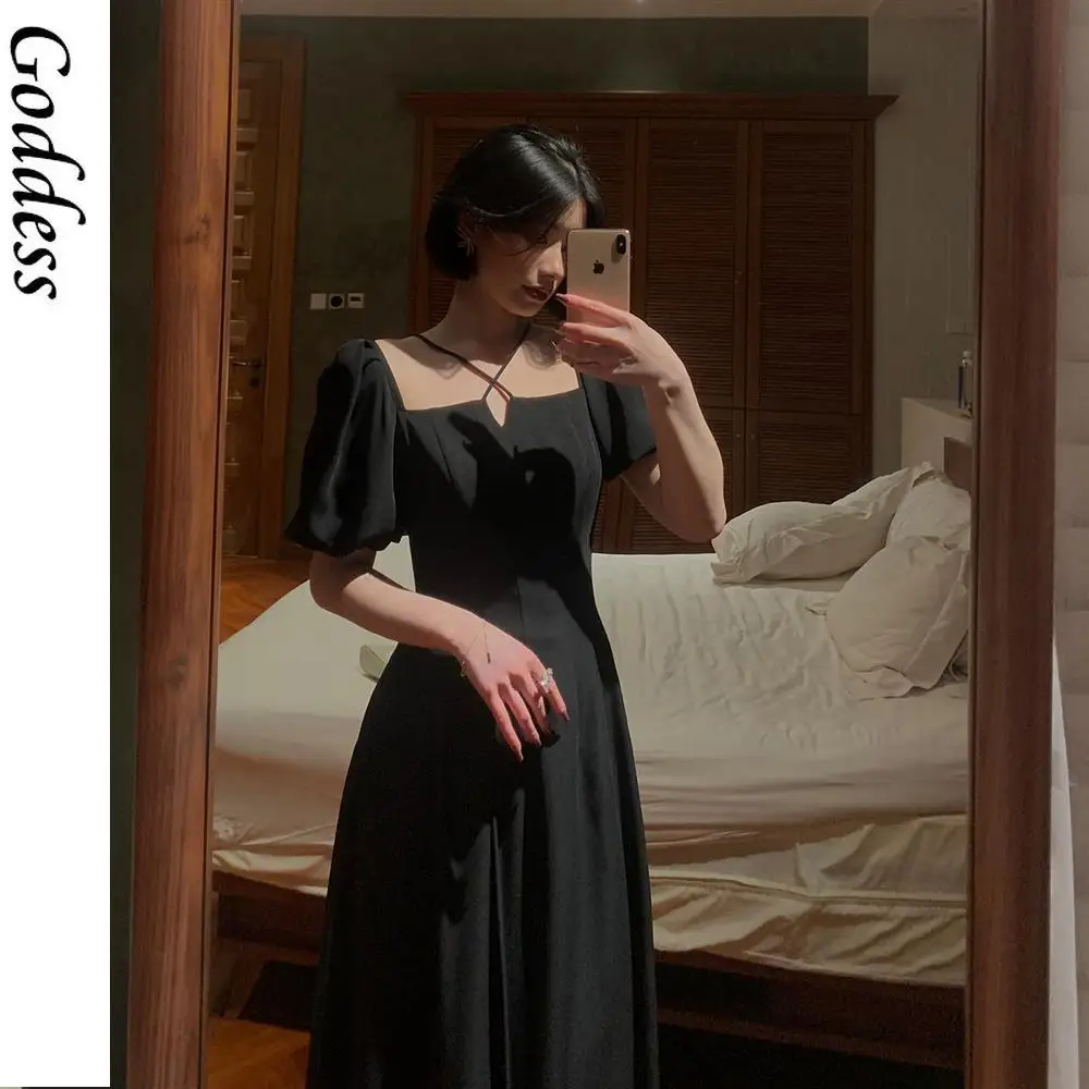 

Sweet Dresses Korean Style French Puff Sleeve Elegant Midi Dresses Women Design Solid Evening Paty Dress Females Summer 2021