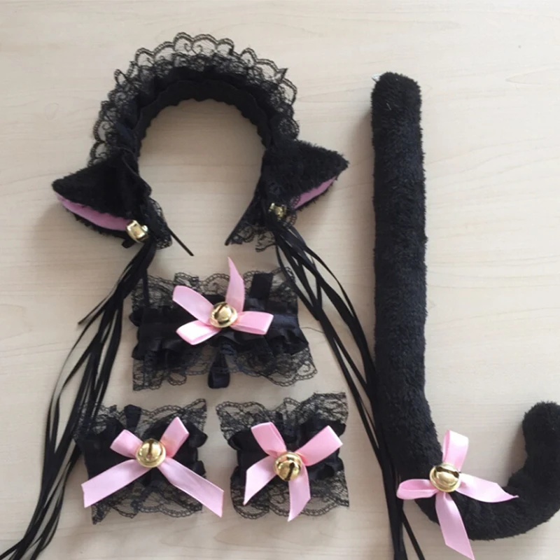 

Girls Plush Cat Ear Bell Headband Tie Tail Paws Maid Fancy Dress Set Party Cosplay Cat Ear Fur Hair Clip Women Lady Hairbands