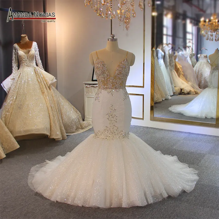 Свадебные платья с бретельками блестящая Русалка от бренда Amanda Novias 2022|Свадебные