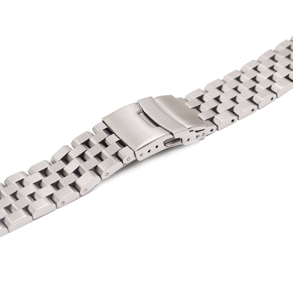 CARLYWET 22mm Silver Solid Links Replacement Watch Band Strap Bracelet Double Push Clasp For Seiko