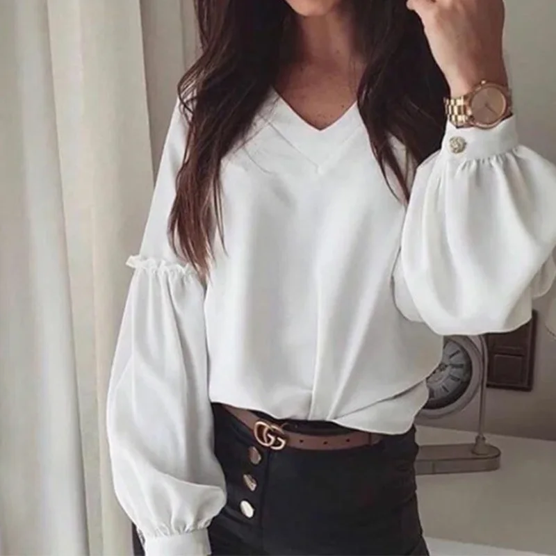 

Casual Loose Lantern Sleeve Shirts Women Blouse 2021 Spring Elegant Ruffle V-Neck Pullover Fashion Ladies Solid Tops Blusa Mujer