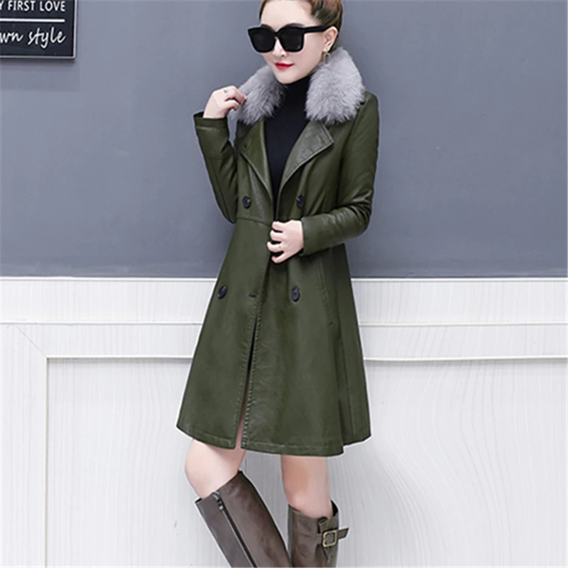 Женская длинная куртка с меховым воротником теплая кожаная длинным рукавом и