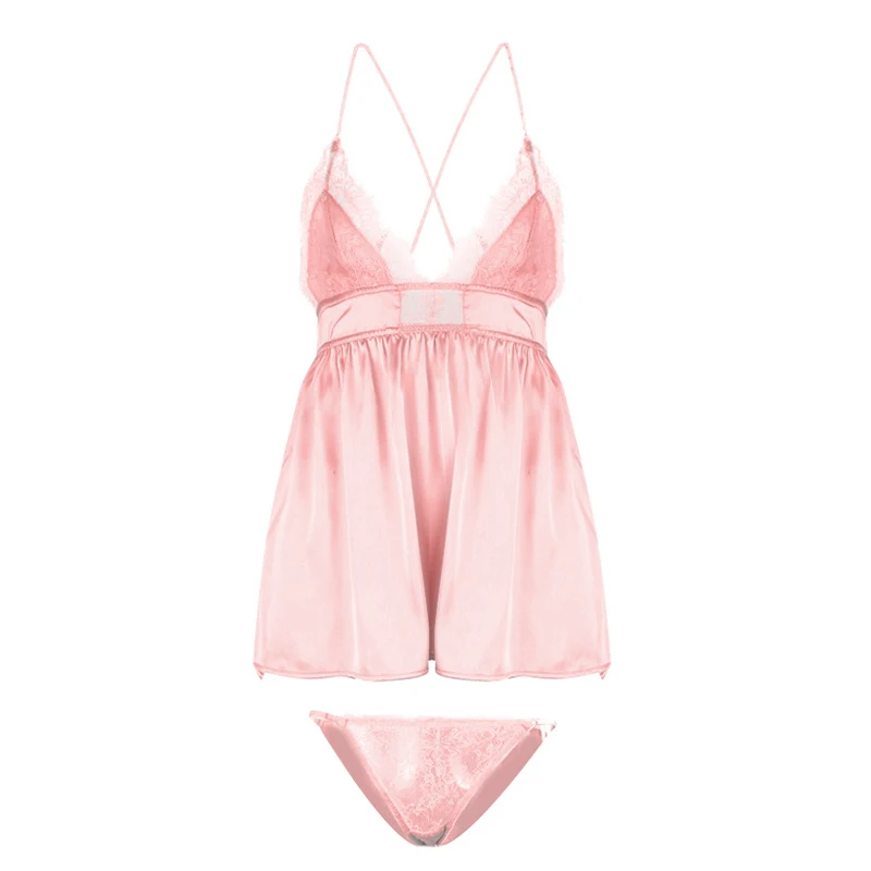 Backless Sexy Nightgowns Women Cross Side Open Sling Strap Nightdress Eyelash Lace Lace Nightwear Home Night Dress Lingerie