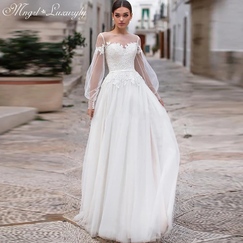 

White Dresses for Women 2021 Elegant Wedding Dress With Sleeves Tulle A-Line Ball Gown Wedding Dress Evening Gowns For Women