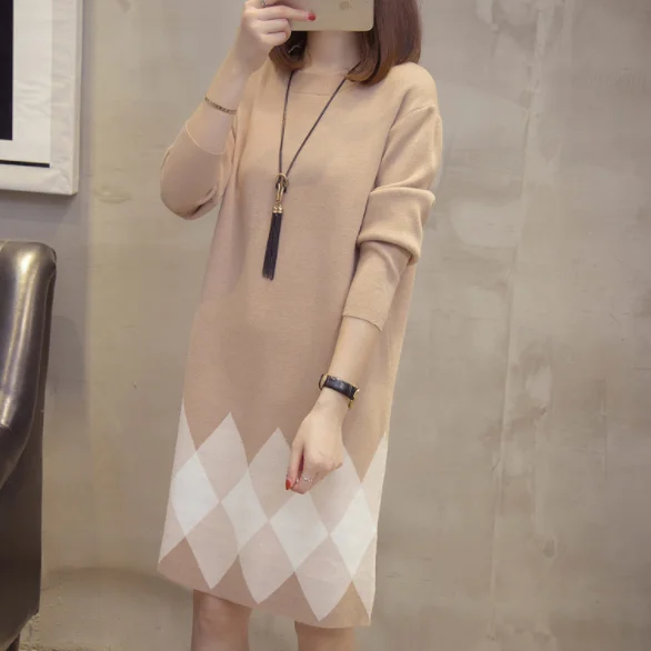 Вязаное платье с цветными блоками размера плюс Осень зима 2020 элегантная