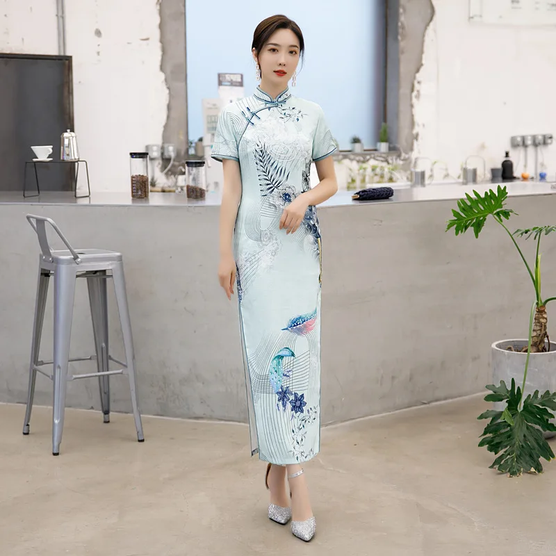 

Светильник с коротким рукавом синий китайский винтажный Cheongsam платье Ципао с разрезом воротник-стойка платье для сцены для женщин плюс разм...