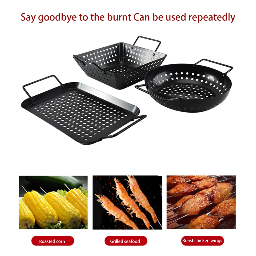 

Grill Basket Non Stick Tray Ergonomic Handle Picnic Easy Clean Multifunction With Hole Barbecue Meat Vegetables Portable Home