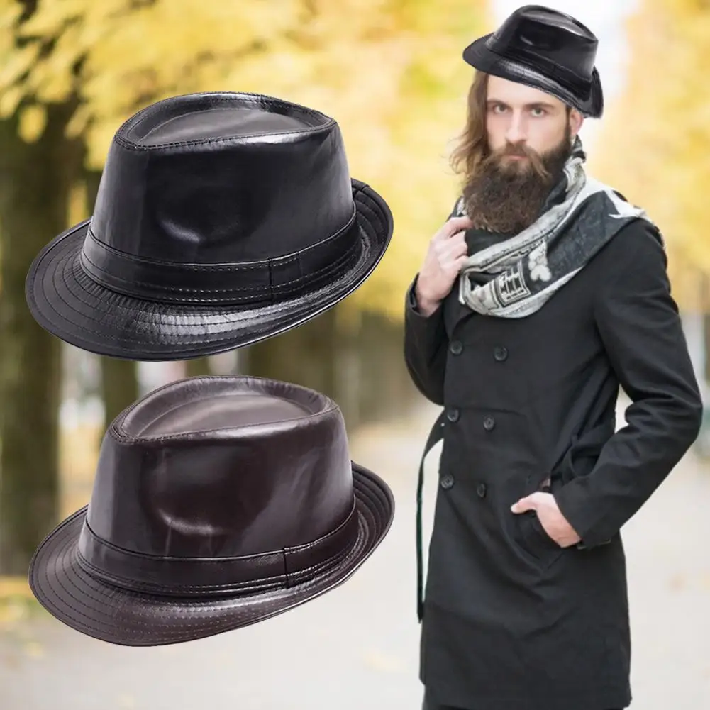 

Fashion Vintage Hat Gentleman Classic Fedora Hat PU Leather Jazz Cap with Large Brim for Dinner Party