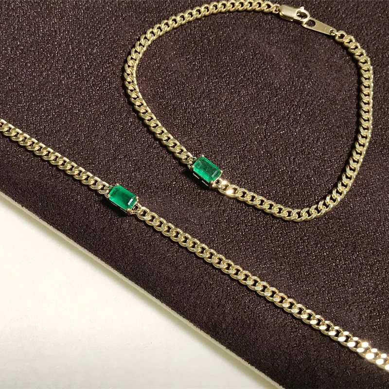 

18K Gold Solid Yellow Real Gold Jewelry(AU750) Women Emerald Cuba Bracelet Featured 0.50ct Emerald Simple Advanced Fashion Lady