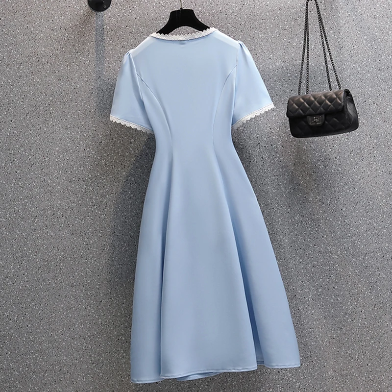 

EHQAXIN Elegant Dresses Summer Fashion New Lace V-Neck Short Sleeve Buttons Long Dress For Ladies Large Size Gentle Style L-4XL