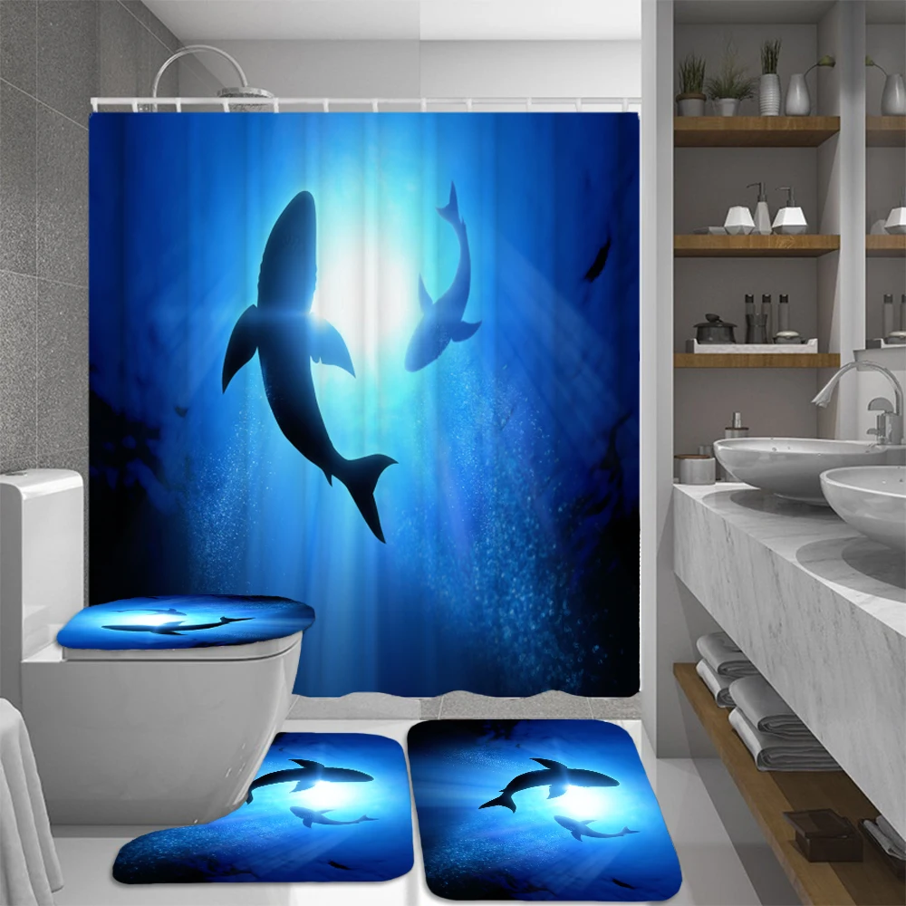 

4 в 1 синий океан подводный Дельфин полиэстер Душ Шторы s Ванная комната Шторы Нескользящие ковры крышка для унитаза коврик для ванной комнат...