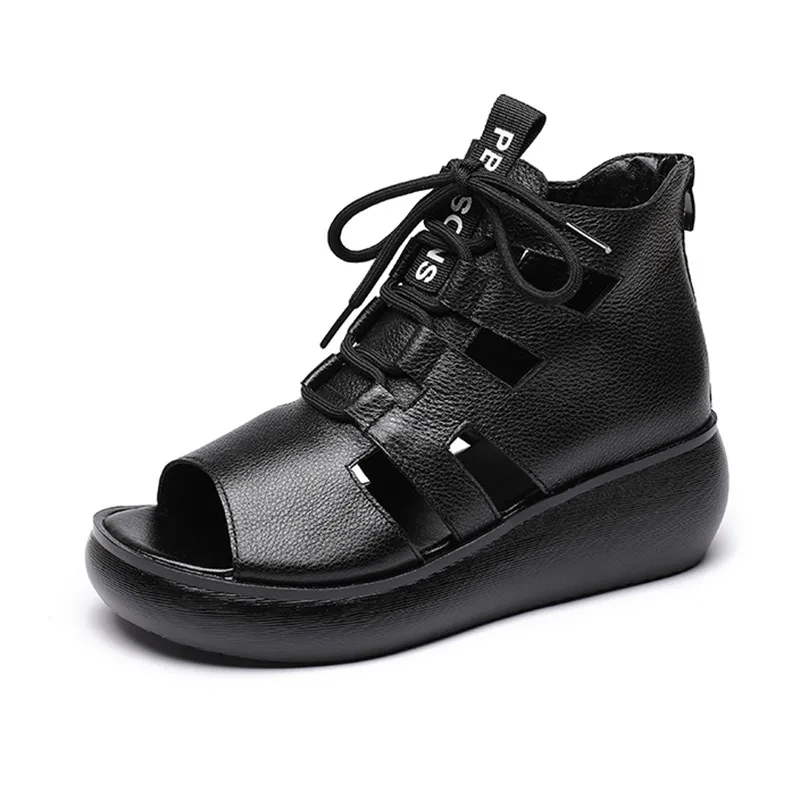 

Leather wedge heels with thick soles and fish toe heels 2021 spring/summer leisure cold boots hollow Roman sandal with high top