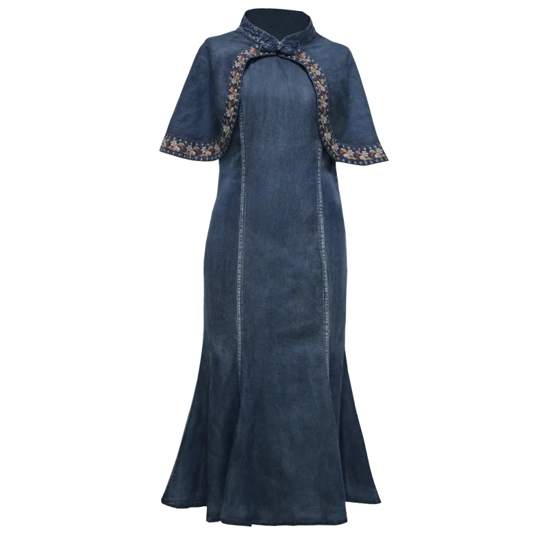 2020 летнее платье новое тонкое джинсовое Ципао средней длины с вышивкой в стиле