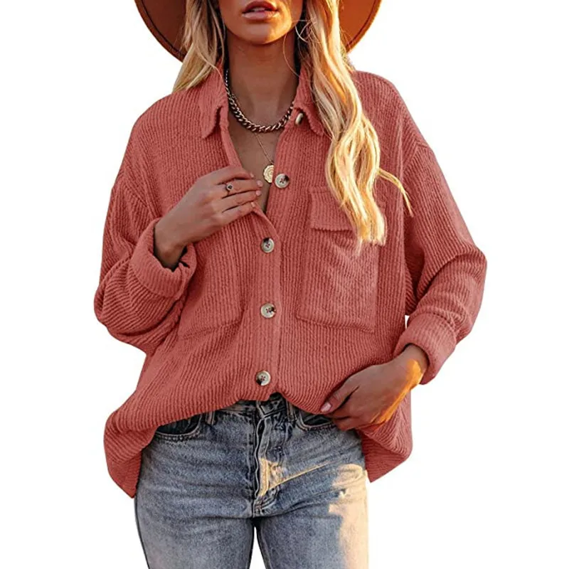 

2021 New Fashion Woman Corduroy Extra Heavy Jacket Solid Shirt Single Breasted Turn Down Collar Long Sleeve Pocket Coat