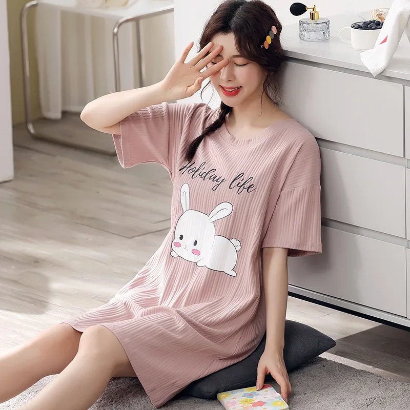 

Summer Pure Cotton Short-sleeved Loose Round Neck Large Size Breathable Nightdress Female Cute Printed Dress Casual Home Wear