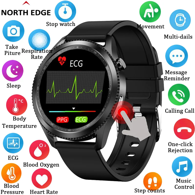 

NORTH EDGE ECG+PPG Mens Smart Watch Body Temperature Heart Rate Monitor Alarm Clock New Women Smartwatch For Xiaomi Huawei 2021
