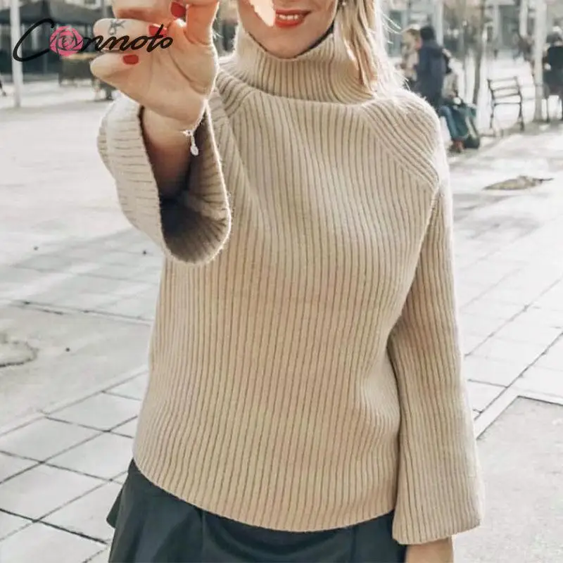 Conmoto Высокая мода элегантный черепаха зимний свитер женский сплошной свободный длинные женские вязанные свитера