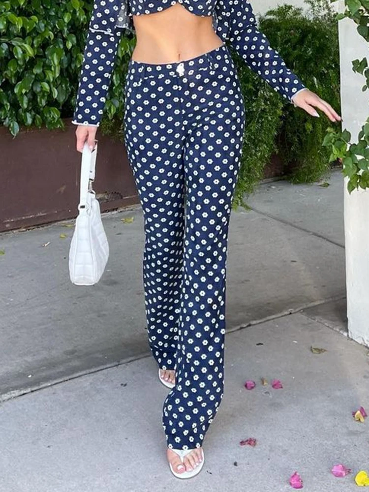 

2021 New Women\\u2019s Mid Waist Flare Pants Trendy Floral Printed Wide Leg Stretchy Long Pants
