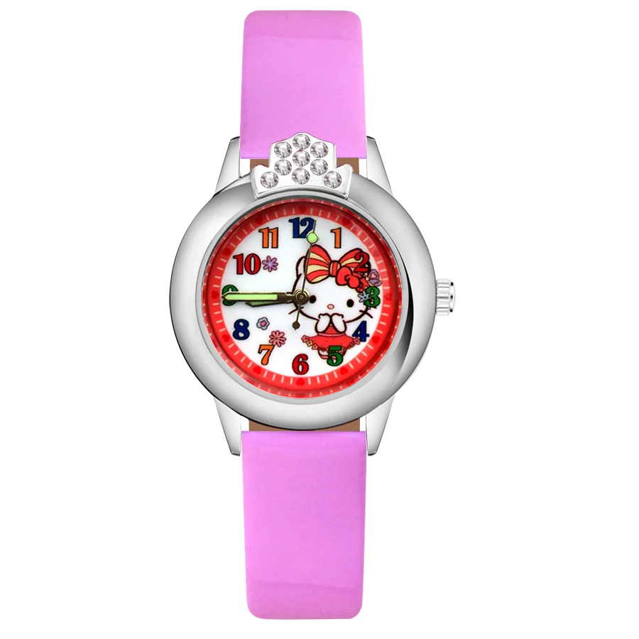 

Cartoon Cute pretty Cat Crystal style Children's Watches Kids Student Girls Quartz Leather strap Wrist Watch Clock JK161