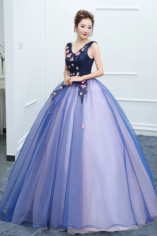 

New Color Gauze Wedding Dress Navy Blue V-neck Tie Sleeveless Puff Skirt Female Dress Long Model Quinceanera Dress