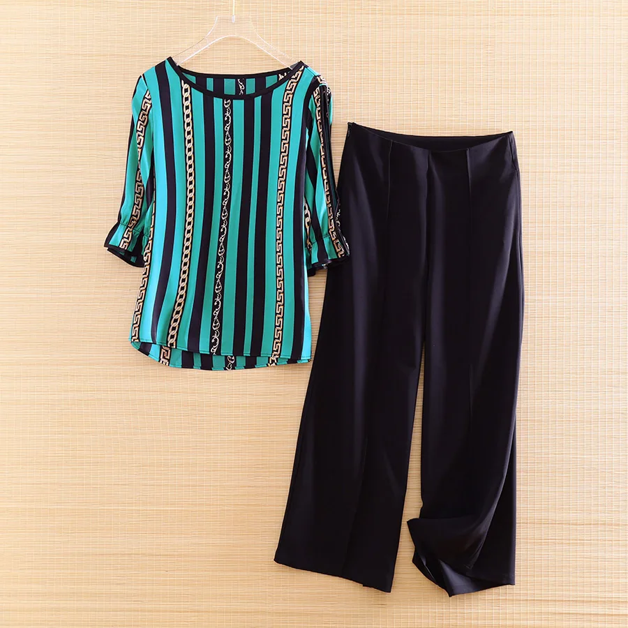 High-end Spring And Summer Women 2 Pieces Set Stripe Shirt Top + Black Wide-leg Pants Elegant Lady Casual Suit S-XL
