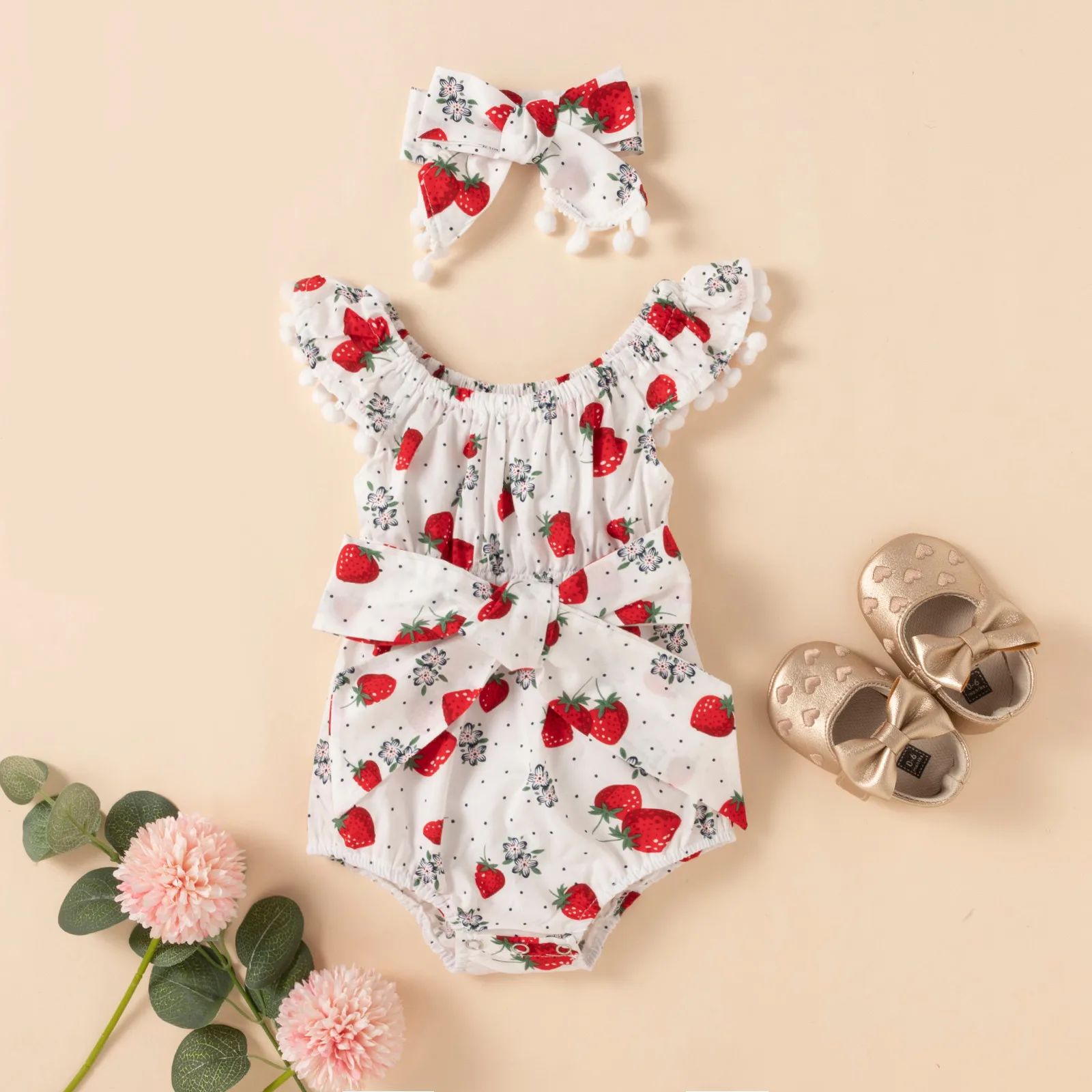 

Summer Newborn Baby Girls Strawberry Bodysuit Sleeveless Fruit Floral Tassels Romper +Headband Infant Outfits Girl Clothes 0-24M