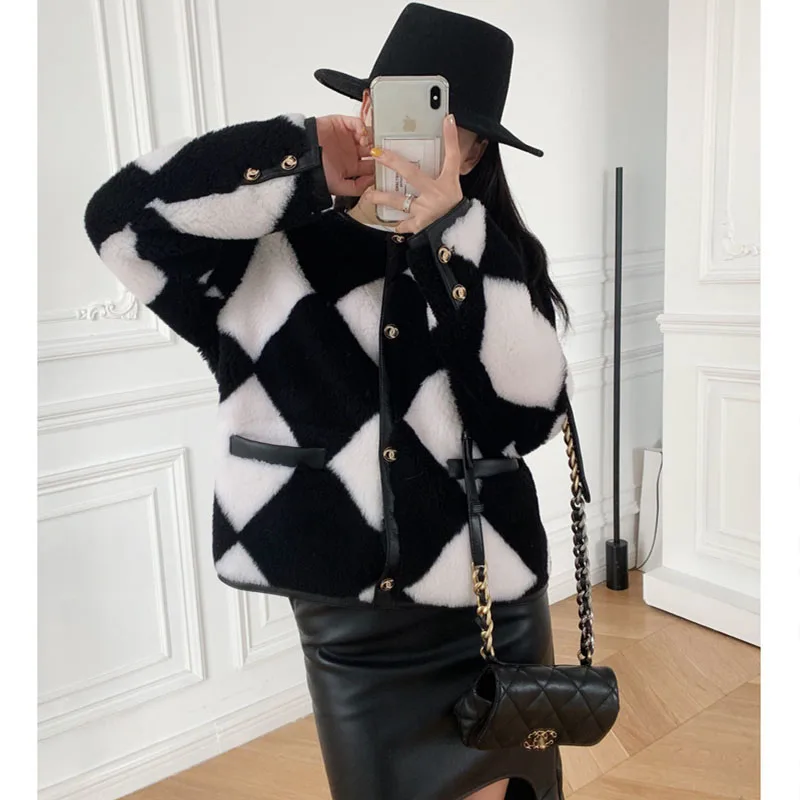 

2021 Winter New True Fur Women Chessboard 100% Wool Fur Integrated French Fragrant Young Fur Coat elegant tweed jacket plaid y2k