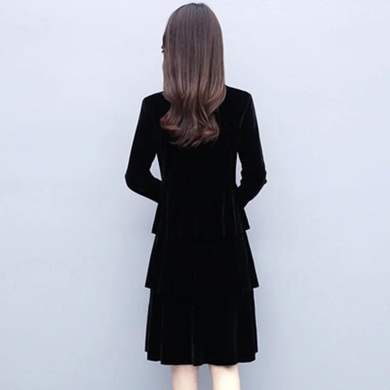 

New Women Velvet Dress Fashion Mid-Long Autumn Dress Casual V-Neck Long Sleeve Cupcake Female Elegant dress Plus SizeVestidos