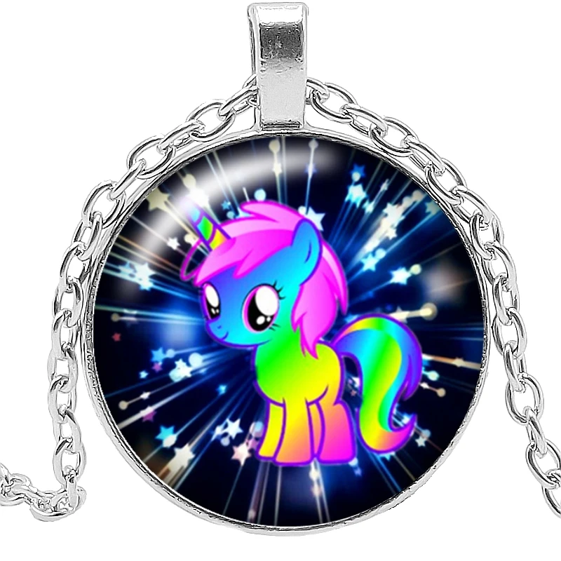 

2020 New Unicorn Children 3 Color Necklace Glass Convex Round Cartoon Horse Pendant Necklace Gift Wholesale