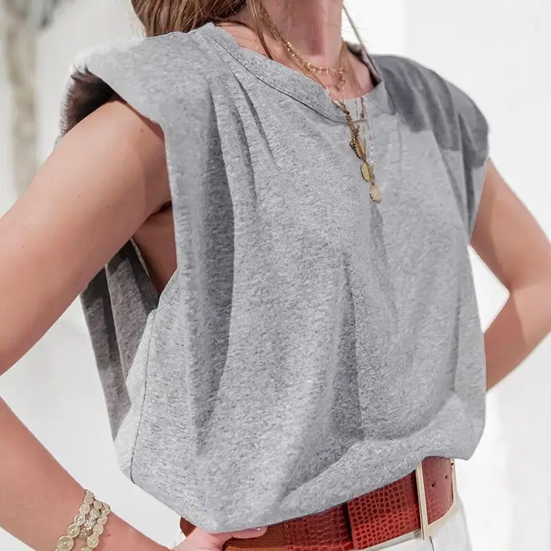 

Summer Top Temperament commute Sleeveless Shoulder Pads Loose Slim Women's vest Bottoming shirt T-shirt multiple colour