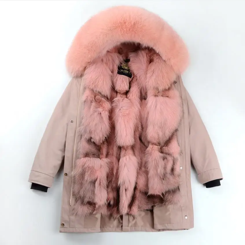 pink normal length Теплые парки с натуральным мехом, женские зимние длинные меховые парки с лисьим мехом, съемная подкладка пальто из настоящего меха с меховым воротником, пальто с капюшоном, F01 - Цвет: pink normal length