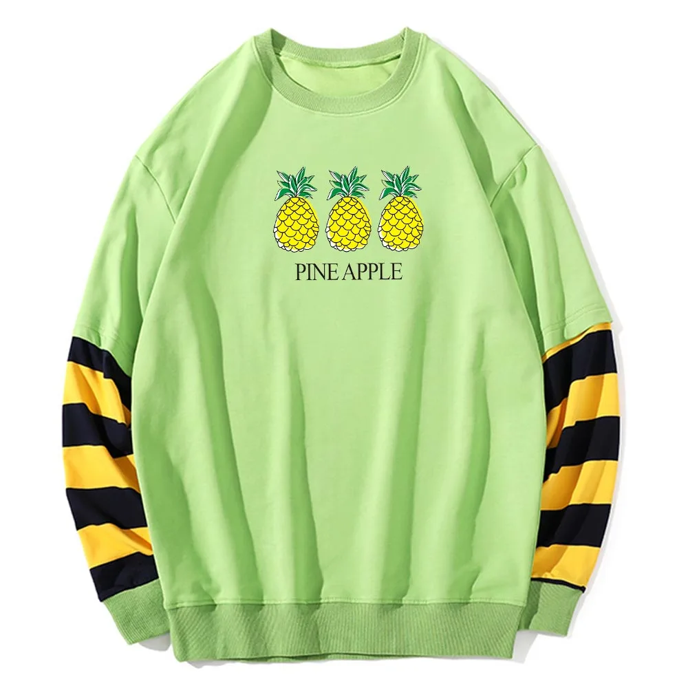 

Winter Cute Pineapple Sweatshirts Striped Woman Cotton Oversize Hooded Fake Two-piece Streetwear Korean Ulzzang Hoodie for Girls