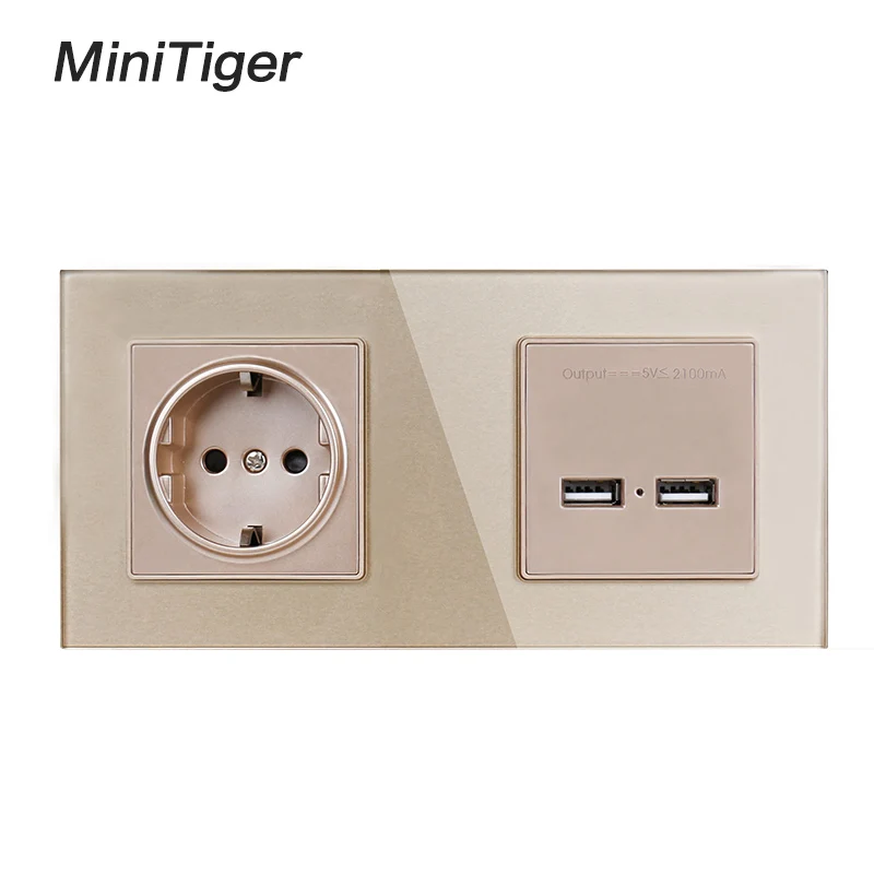 Настенная розетка из хрустального стекла Minitiger 2 клавиши заземленная 16 А