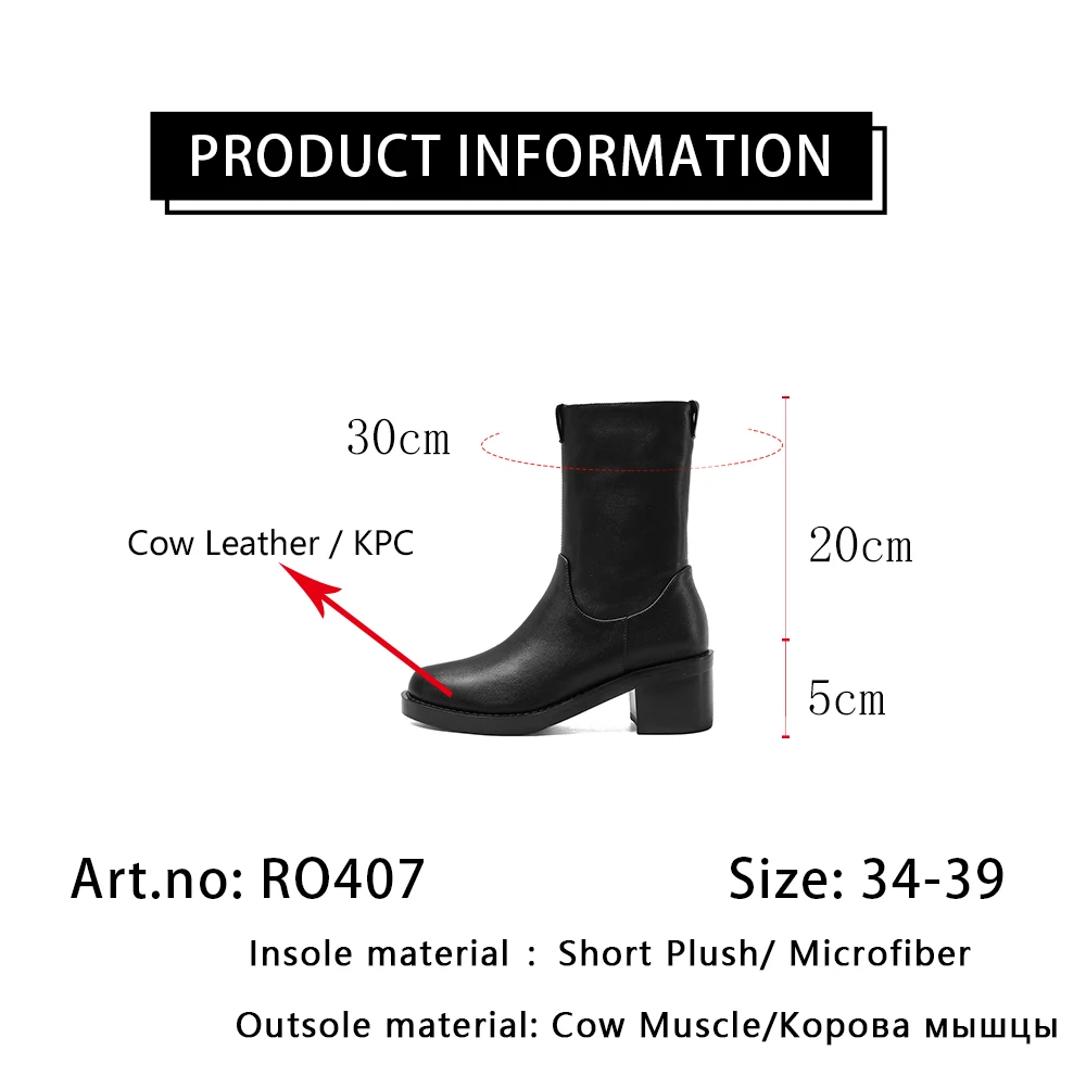 

RJN Women's Knee-high Boots Genuine Leather Round Toe Platform Waterproof Warm Heels Basic New Ankle Boots Women's Shoes RO407