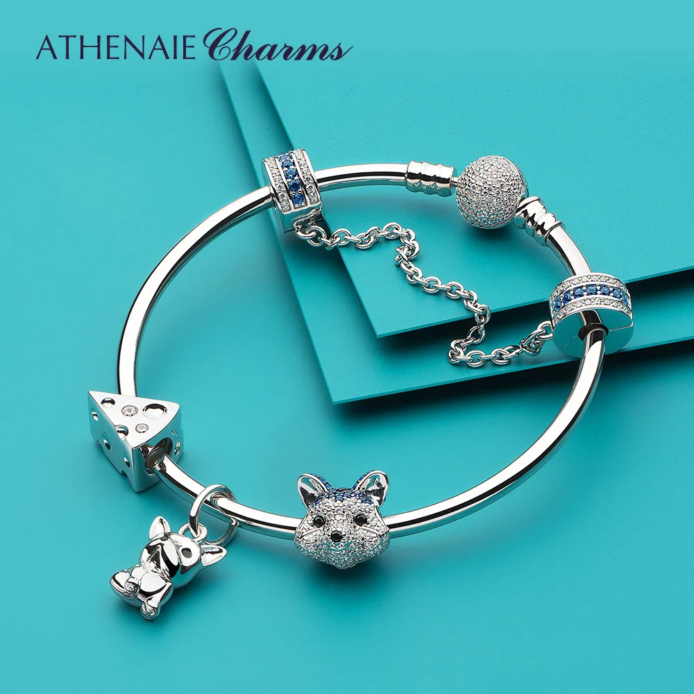 ATHENAIE 925 Sterling Silver Mixed CZ Tasty Cheese Cute Husky Puppy Dog Animal Charms Bracelet For Women Pet Lover