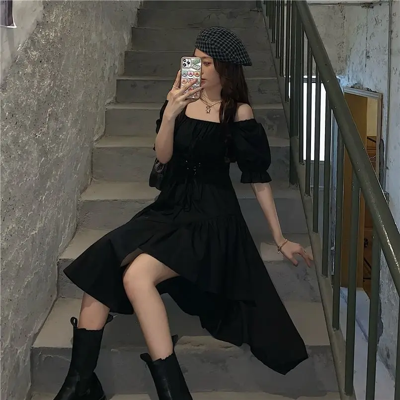 

One Piece Dress Korean Bandage Black Elegant Dresses Women Casual Short Sleeve Sexy Midi Dress Office Ladies 2021 Summer Chic