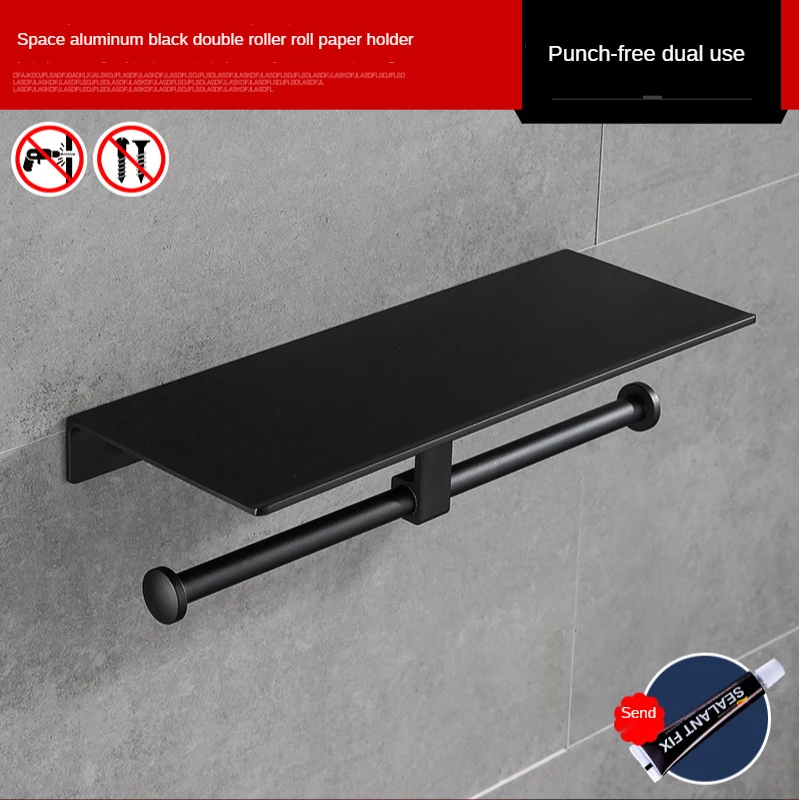 

Punching Free Space Aluminum Toilet Double Pole Tissue Box Paper Roll Mobile Phone Holder Black Bathroom A Choice Of Fresh Home